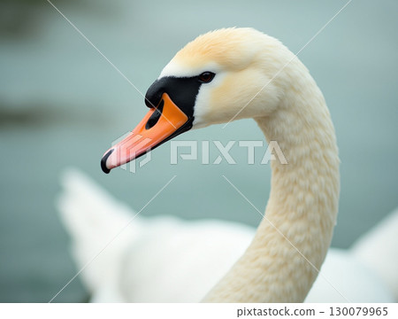Close Up Majestic White Mute Swan with Orange Beak Profile Shot 130079965