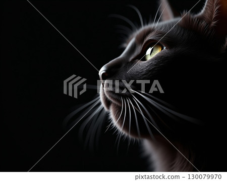 Dramatic Close Up of Black Cat Head Profile with Intense Stare 130079970