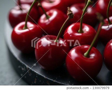 Glossy Close up Fresh Red Cherry Fruit Delicious Food Still Life 130079979