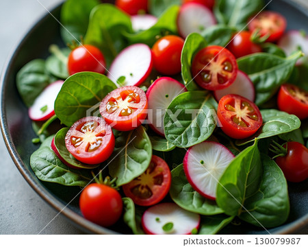 Fresh Detailed Close Up Salad with Radish and Tomato Delicacy 130079987