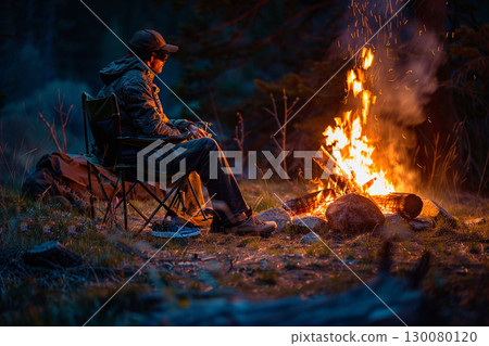 Silhouette of a man gazing at the flames of a bonfire 130080120