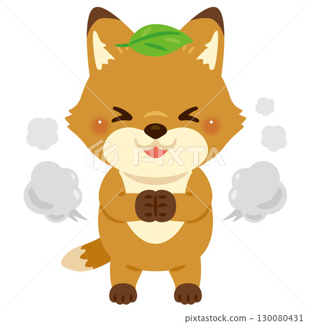 Character illustration of a fox trying to disguise himself by putting a leaf on his head 130080431