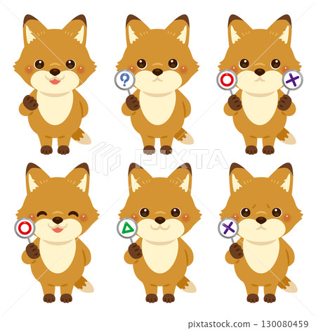 一組狐狸角色插圖，手持圓形、圓形、三角形和三角形卡片 130080459