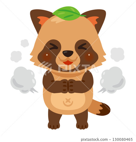Character illustration of a raccoon trying to disguise itself by putting a leaf on its head 130080465
