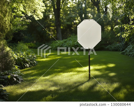 Blank white octagon yard sign mockup in grass with light for home security display Blank white octagon yard sign mockup in grass with light for home security display 130080644