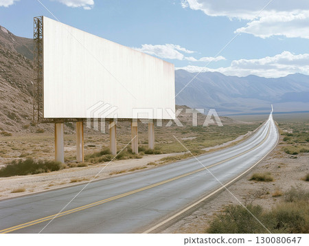 Striking modern billboard in the vast desert highway of northern Chile under bright sunlight 130080647