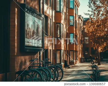 Vertical digital billboard near bike rack in urban Swedish apartment setting 130080657