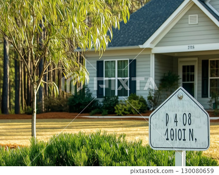 Sign at modern farmhouse home in quiet neighborhood with well-maintained landscaping 130080659