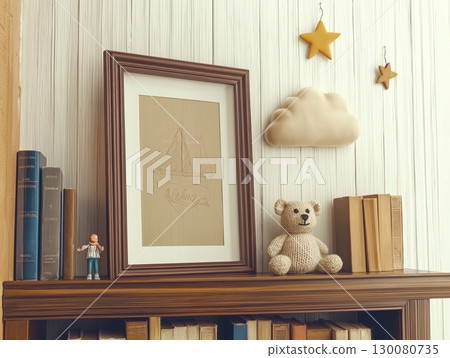 Decorative shelf with teddy bear, framed sketch, and cloud-shaped accent in cozy interior 130080735
