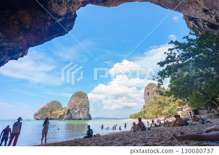 Tourists enjoy and sightseeing beautiful beach at Phra nang Cave Beach near Railay Beach in Krabi, Thailand. Krabi, Thailand, 22  February 2025 130080737