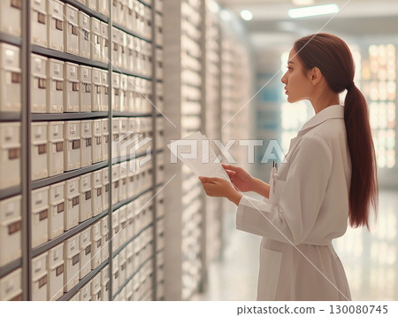 Healthcare professional reviews documents in a medical archives room during the day 130080745