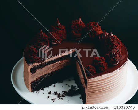 Delicious chocolate cake on a white plate with a slice removed showcasing its layers 130080749