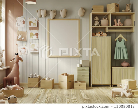 Bright and cozy children's playroom with wooden furniture and soft toys 130080812