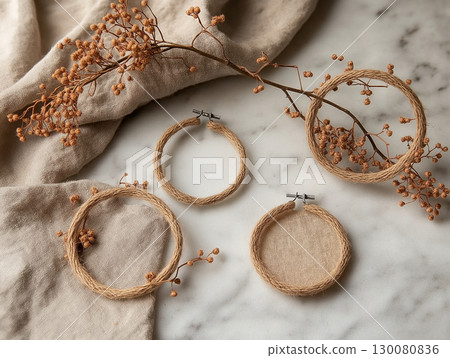 Unique handmade natural fiber earrings displayed on a marble surface with dried flowers 130080836