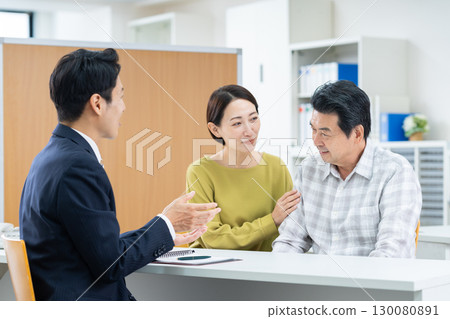 Parents and children consulting with an advisor Parents and children consulting with an advisor 130080891