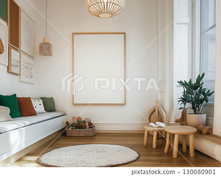 Bright and airy living space featuring minimalist design and natural elements 130080901