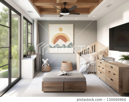 Modern nursery design featuring minimalist decor in a bright room with natural light 130080968