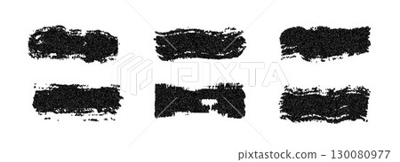 Grunge grain brush stroke collection. Rough textured dirt stripe set. Gritty dotted distressed elements for text box, banner, poster, label, badge, collage, frame, border. Vector stippled stain pack  130080977