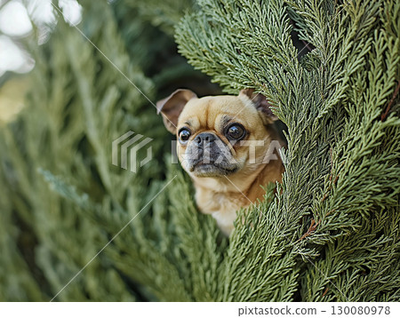 Pug dog peeking through evergreen foliage in a serene outdoor setting 130080978