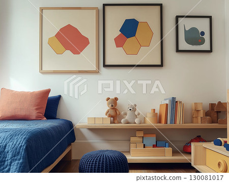Colorful playroom featuring geometric art and a cozy reading nook for children 130081017