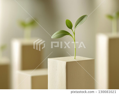 New plant sprouts growing on stylish wooden pedestals in modern indoor setting 130081021