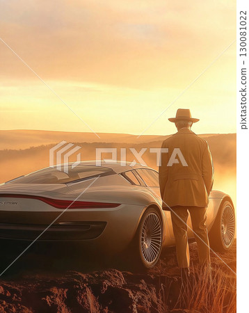 Man in suit admires futuristic car during sunset in a scenic landscape 130081022