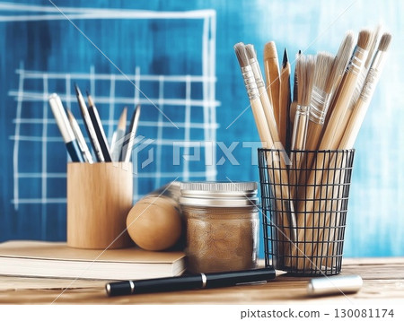 School office supplies neatly organized in holders on a wooden desk with blue background 130081174