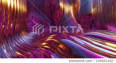 Colorful wavy metallic background showcasing golden and purple tones in a 3D setting 130081202