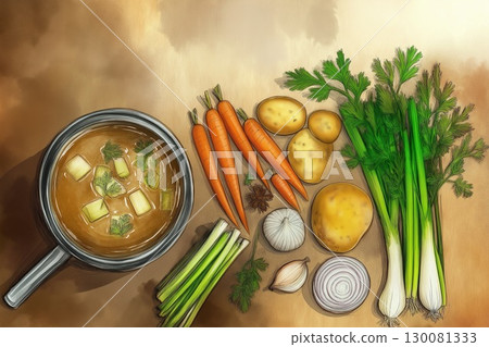 Rustic watercolor illustration of a soup pot with fresh vegetables on kraft paper 130081333