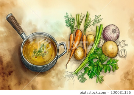 Rustic soup pot filled with golden broth and fresh vegetables on textured kraft paper 130081336