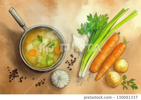 Rustic watercolor illustration of a soup pot with fresh vegetables on kraft paper 130081337