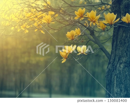 Blooming magnolia tree displays soft pastel colors in early spring sunlight Blooming magnolia tree displays soft pastel colors in early spring sunlight 130081400