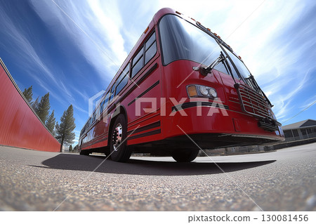 Bright red bus parked under a blue sky with wispy clouds at a roadside location 130081456