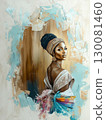 Elegant African woman in head wrap with gold jewelry in stylish wall artwork 130081460