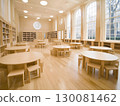 Traditional school classroom featuring wooden floors and furniture with natural light 130081462