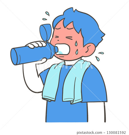 A boy drinking water from a water bottle 130081592