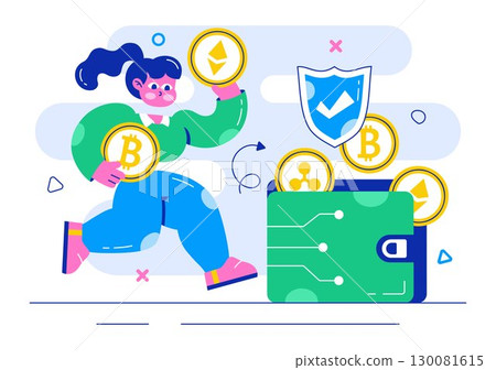 Cryptocurrency Wallets Trading Illustration featuring a Pile of Coins, Digital Currency Wallet, Blockchain Technology, and Bitcoin in a Background 130081615