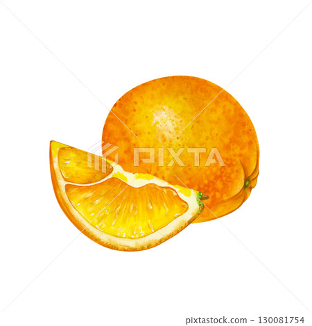 A hand-drawn composition of a whole orange and a slice. The watercolor illustration is isolated on a white background. A juicy fruit template for cooking blogs and healthy food design. 130081754