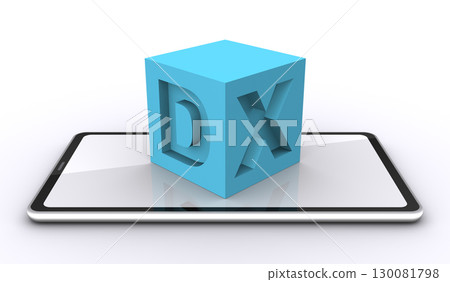 A cube engraved with the letters DX and a smartphone 130081798