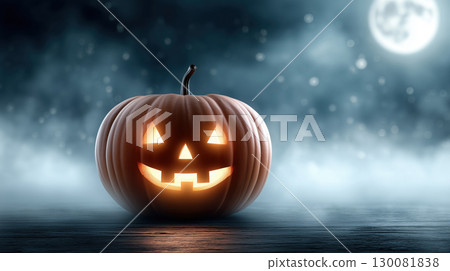 Halloween jack-o'-lantern glowing on wooden floor in moonlit foggy night. Spooky holiday atmosphere. 130081838