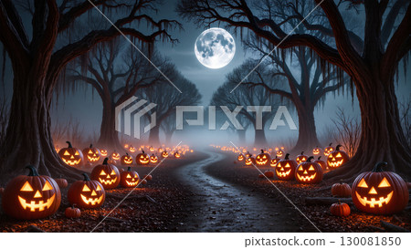 Halloween path lined with glowing jack-o'-lanterns in dark spooky forest under full moonlight. 130081850