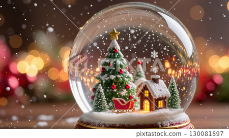 Christmas snow globe with decorated tree, sleigh and house inside, glowing festive lights in background 130081897