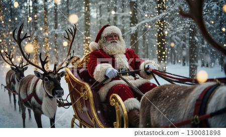 Christmas Santa Claus riding sleigh with reindeer in snowy forest decorated with glowing lights 130081898