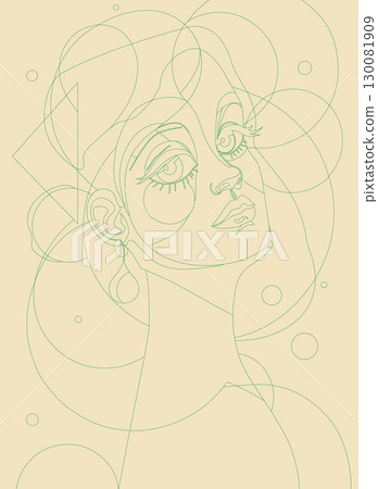 Abstract one-line art portrait of a woman's face with geometric shapes. A modern, minimalist, and elegant continuous line drawing vector illustration. Abstract one-line art portrait of a woman's face with geometric shapes. A modern, minimalist, and elegant continuous line drawing vector illustration. 130081909
