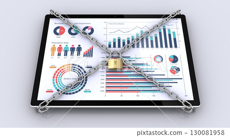 用鏈條和掛鎖鎖住平板電腦,這是防止資訊外洩的措施圖 用鏈條和掛鎖鎖住平板電腦,這是防止資訊外洩的措施圖 130081958