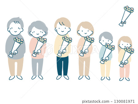 Illustration set of smiling people holding bouquets 130081971