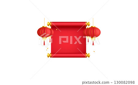 Golden Chinese New Year lanterns and ornaments decorate a festive red card frame isolated on white background. Golden Chinese New Year lanterns and ornaments decorate a festive red card frame isolated on white background. 130082098