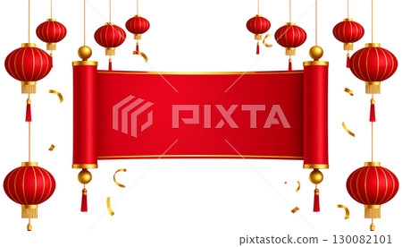 Golden Chinese New Year lanterns and ornaments decorate a festive red card frame isolated on white background. Golden Chinese New Year lanterns and ornaments decorate a festive red card frame isolated on white background. 130082101