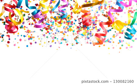 Illustration of colorful ribbons and confetti on white background. 130082160