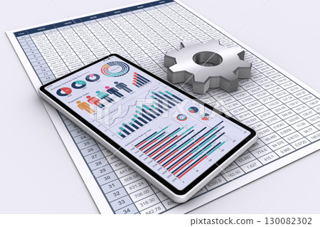 Smartphone displaying data, documents and gear icon 130082302